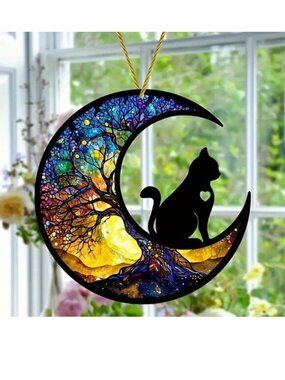 Black Cat Suncatcher Cresent Moon Tree Life Hanging Witchy Colorful In/Outdoor